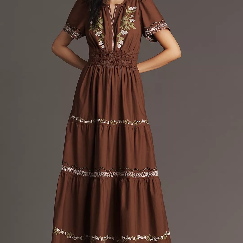 NWT Anthropologie Somerset Embroidered Maxi Dress - Brown XSP - Picture 3 of 5